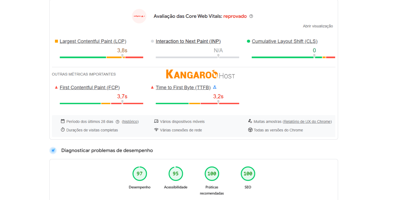Reprovado no Core Web Vitals