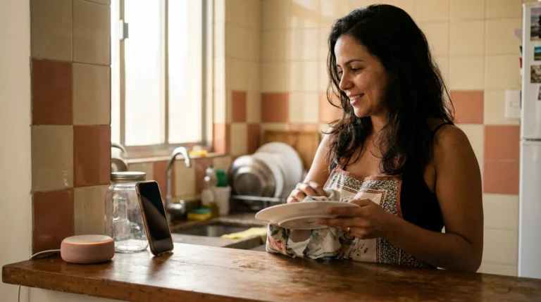 Mulher secando um prato na cozinha enquanto fala uma pergunta para o celular apoiado no balcão, ao lado de um alto-falante inteligente aceso